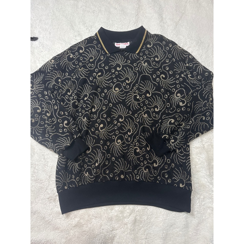 Young Stuff III Sweater Womens 1X Black Gold Excellent Vintage Metallic Polo